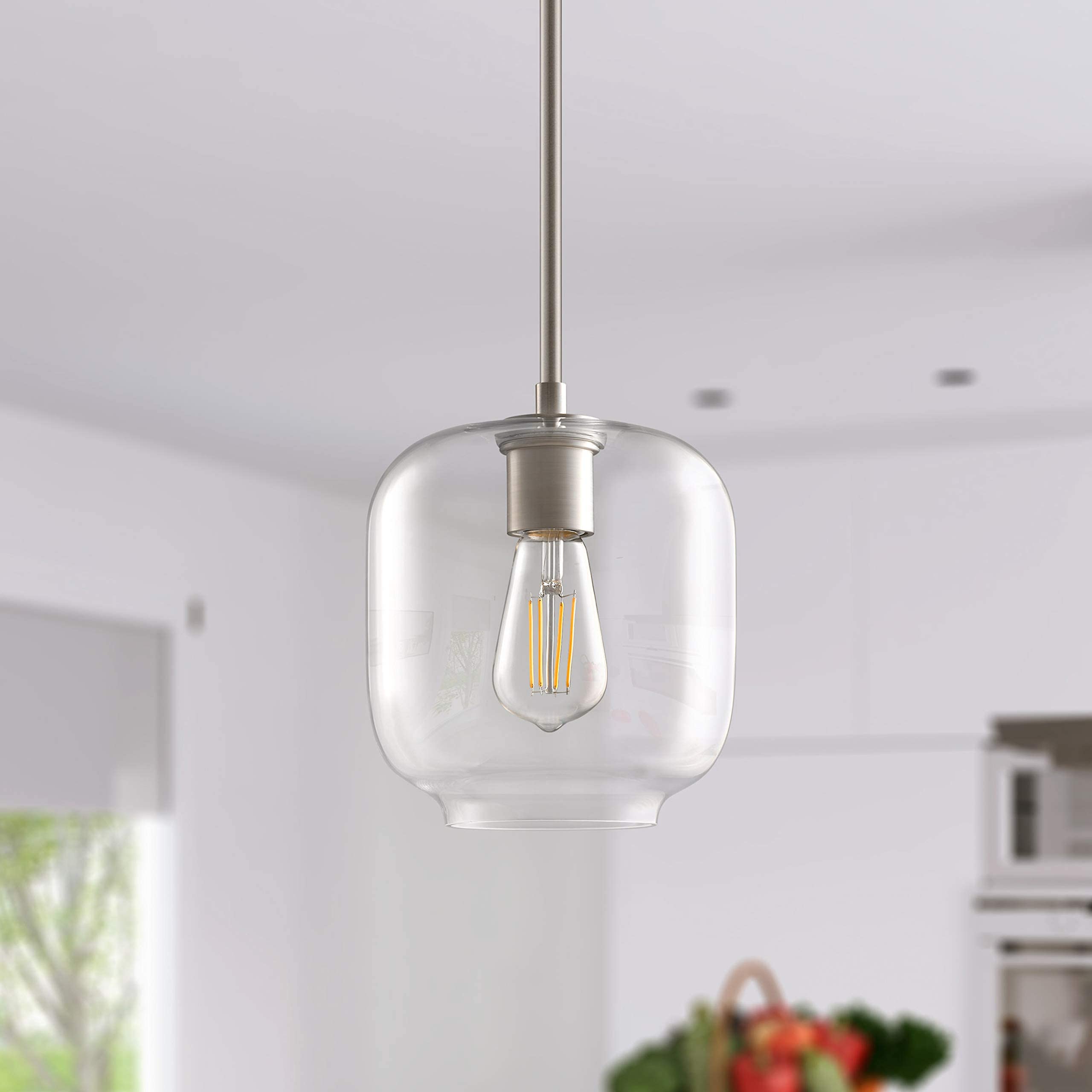 Linea di Liara Piarra Pendant Light, Brushed Nickel, Square Clear Glass Shade, UL Listed, Model LL-P622-1BN