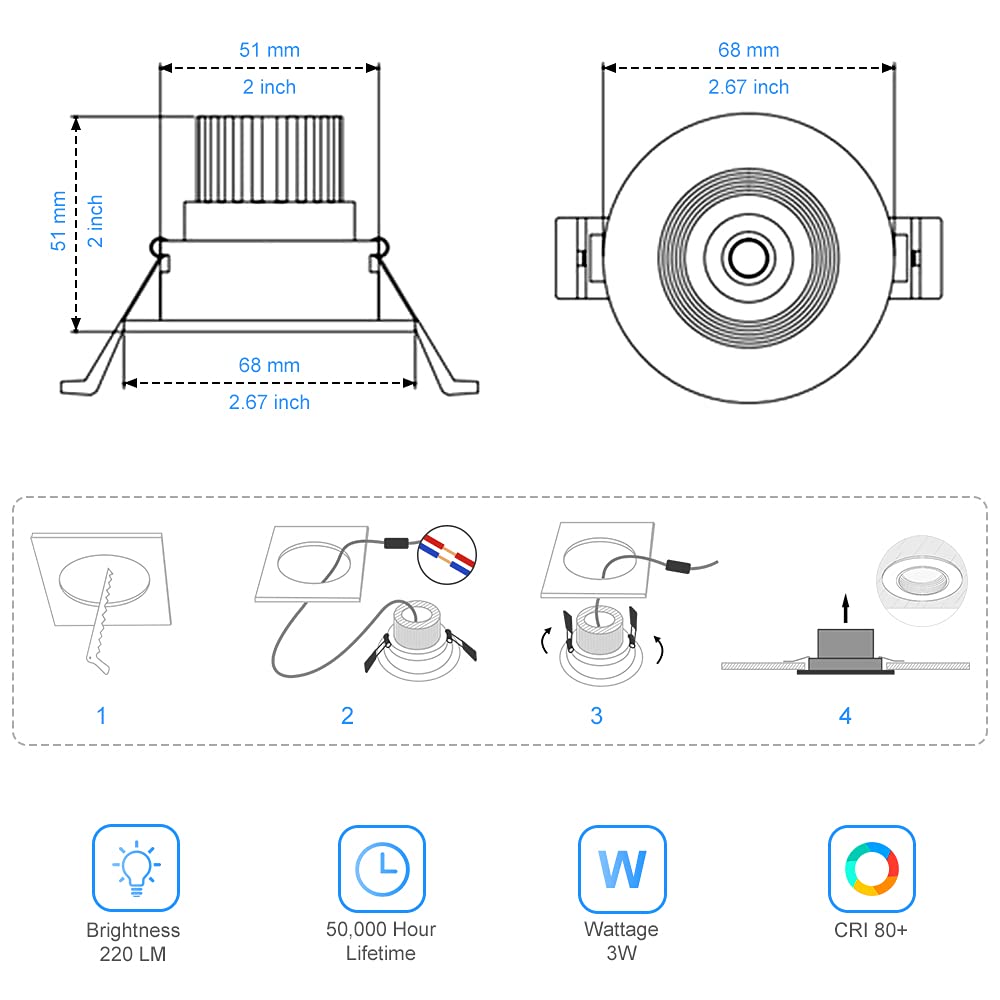 2Inch Led Recessed Ceiling Light, 3W Dimmable Led Downlight, Daylight White 5000K-5500K, 60 Beam Angle Cob Recessed Lights With Driver, 25W Halogen Bulbs, Silver 6Pack