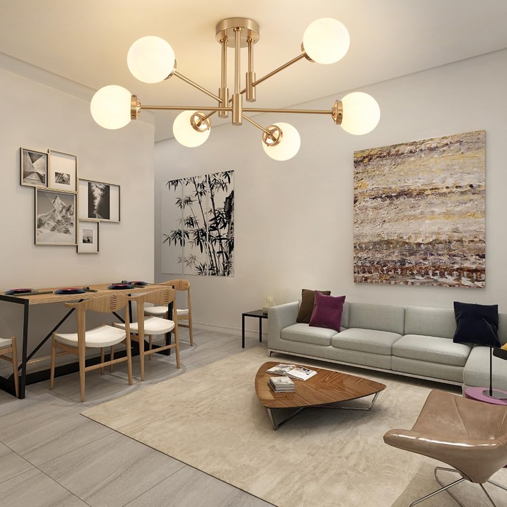 Biewalk Gold Sputnik Chandelier, 6-Light Modern Globe Fixture, Glass & Metal, Mid Century Style for Living & Dining Rooms