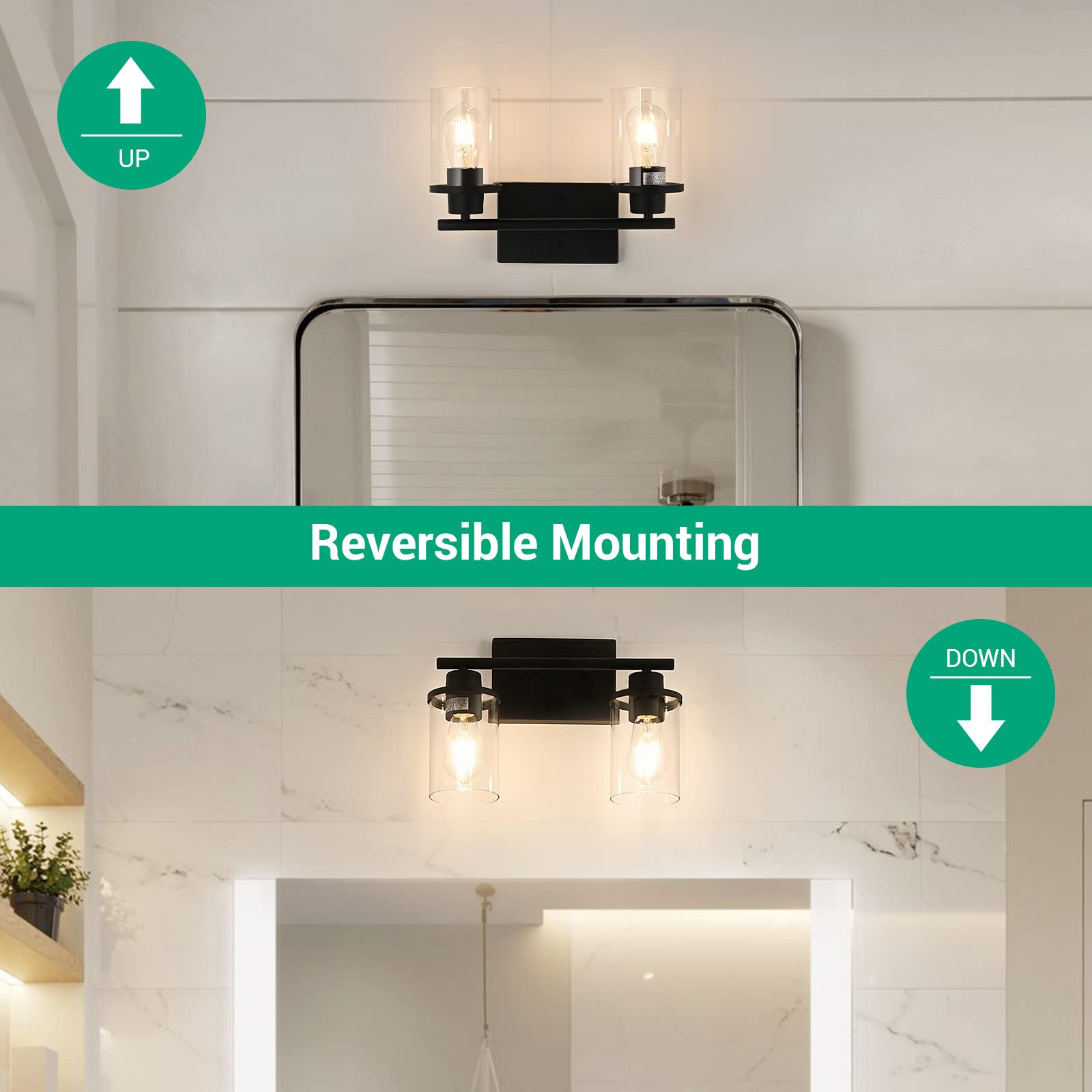 EDISHINE 2 Light Bathroom Vanity Light, Matte Black with Clear Glass Shades, ETL Listed
