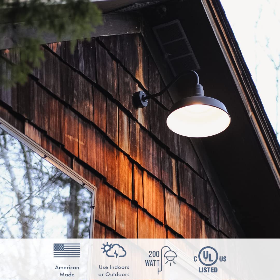 Steel Lighting Co. Gardena Barn Light, 16in Dome, 11in Gooseneck, Dusk to Dawn, Green Exterior/White Interior, Made in America