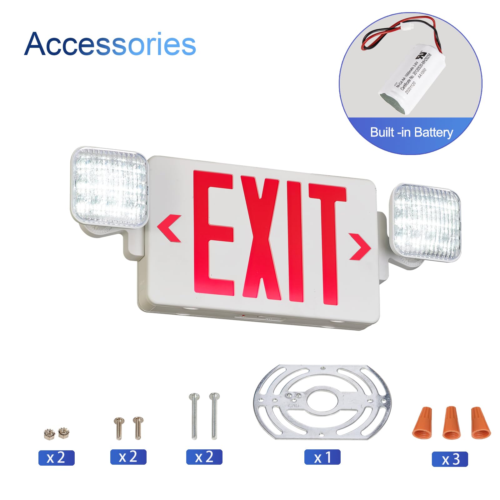 Cm Mzy Red Exit Sign With Emergency Light, Two Adjustable Square Head,Exit Sign With Battery Backup,Us Standards,Ul Certified,Exit Sign Combo For Business,Ac 120/277V,2 Pack