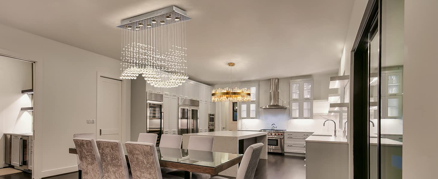 Siljoy Modern Wave 8-Light Chrome Crystal Chandelier, Flush Mount Pendant, L31.5'' x W12'' x H28'', Perfect for Dining and Living Room