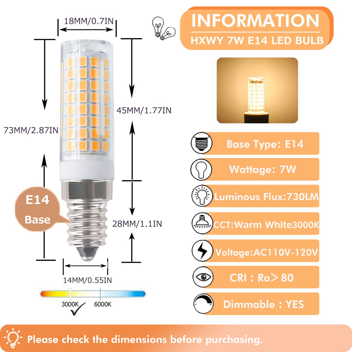 HXWY E14 LED Bulb 7W Dimmable Warm White 3000K, 2 Pack, Ceramic for Cooker Hood
