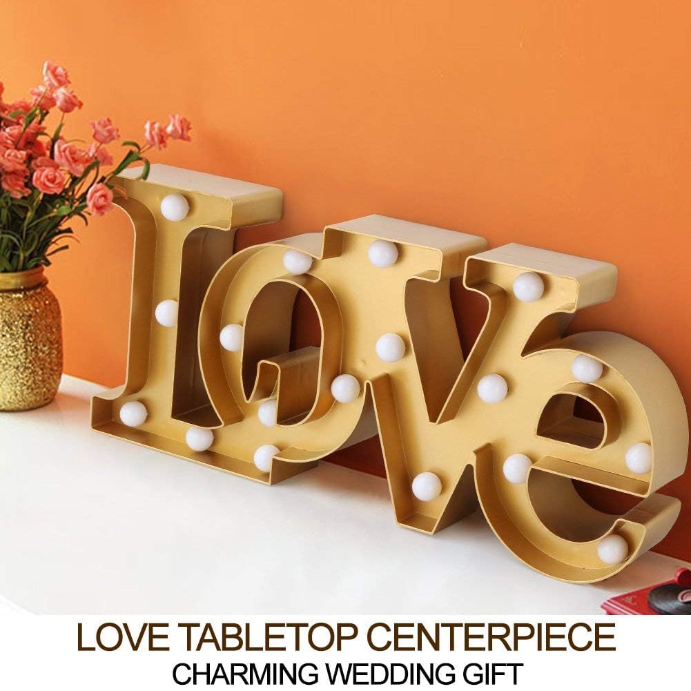 Bright Zeal LED Love Sign Wall Art - 16"x7" Marquee Light for Bedroom, Gold Finish, 18 Bulbs, 6hr Timer, Batteries Included