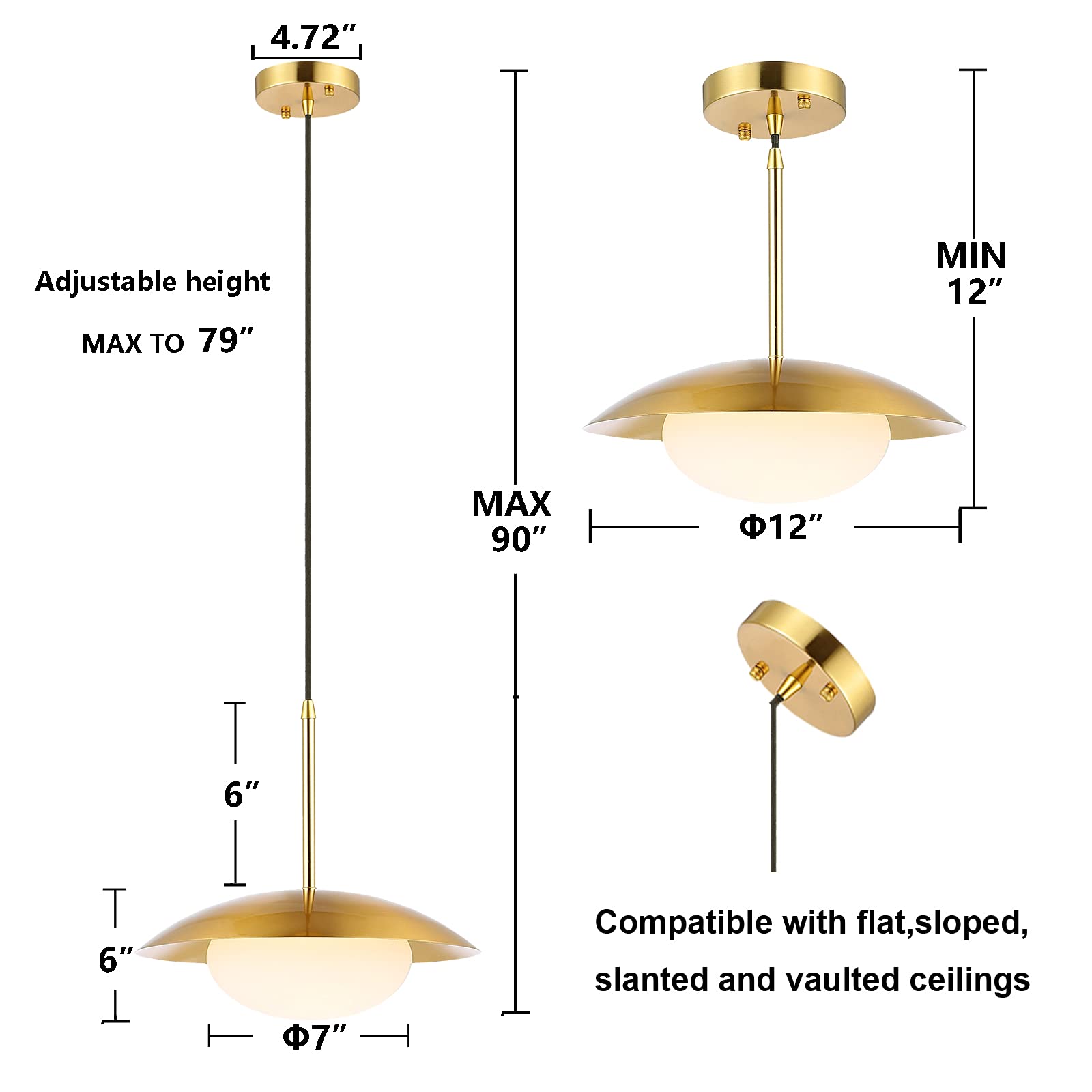 Baoden Modern Pendant Lighting Set Of 2, Brushed Brass Dome & White Glass Shades