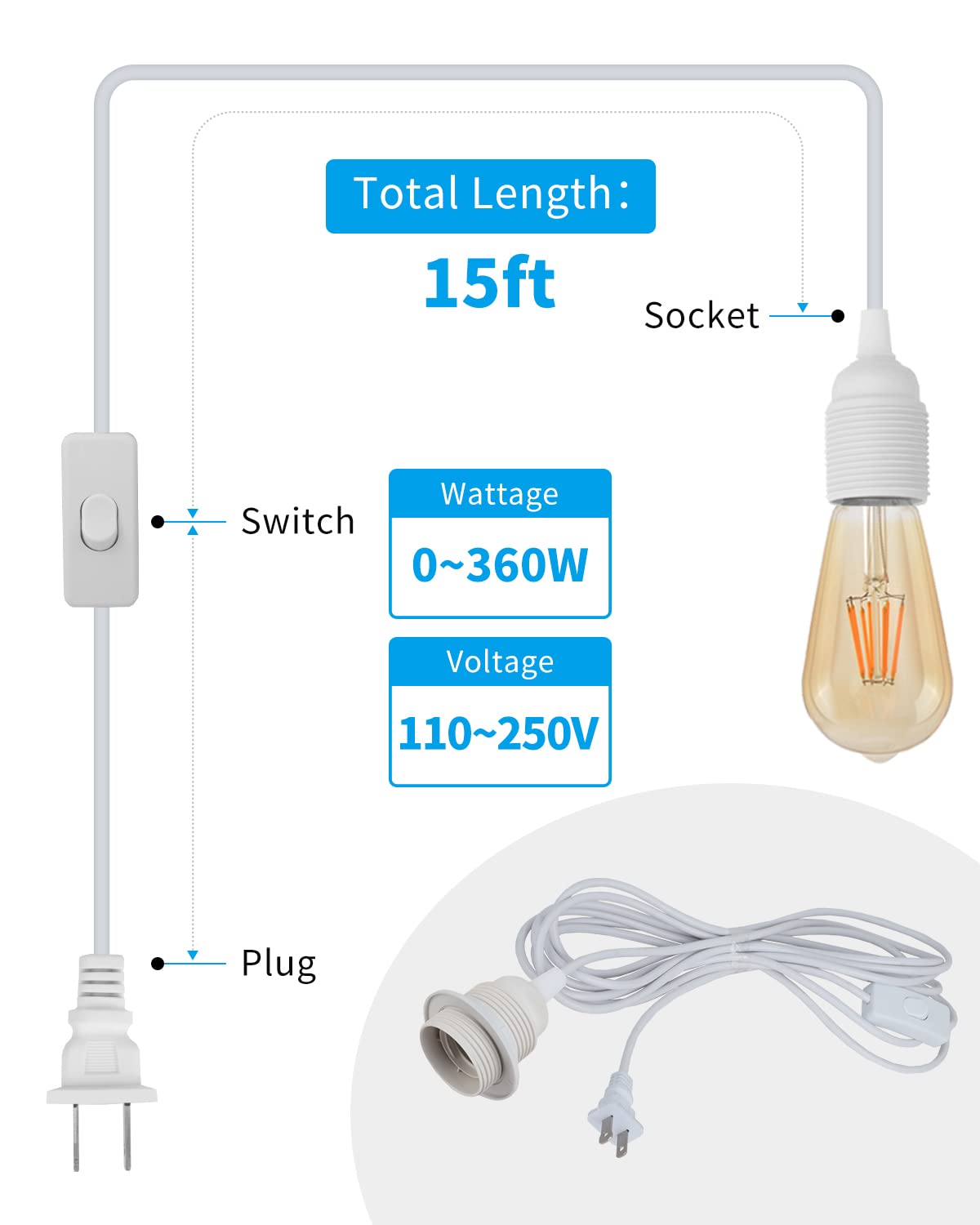 Huibona Plug In Hanging Light Cord,E26/E27 Extension Hanging Plug In Light Sockt, 2-Pack 15Ft Pendant Light Socket Kits White For Kitchen Bedroom Farmhous.