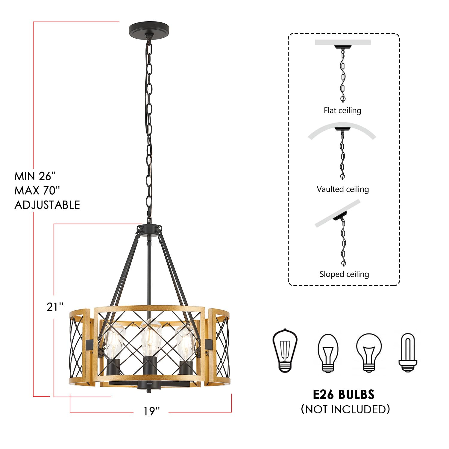 SANTOSTOCK 4-Light Modern Farmhouse Chandelier, Black & Gold Metal Pendant Light for Dining Room, Kitchen Island, Entryway, Model SSP016BG4