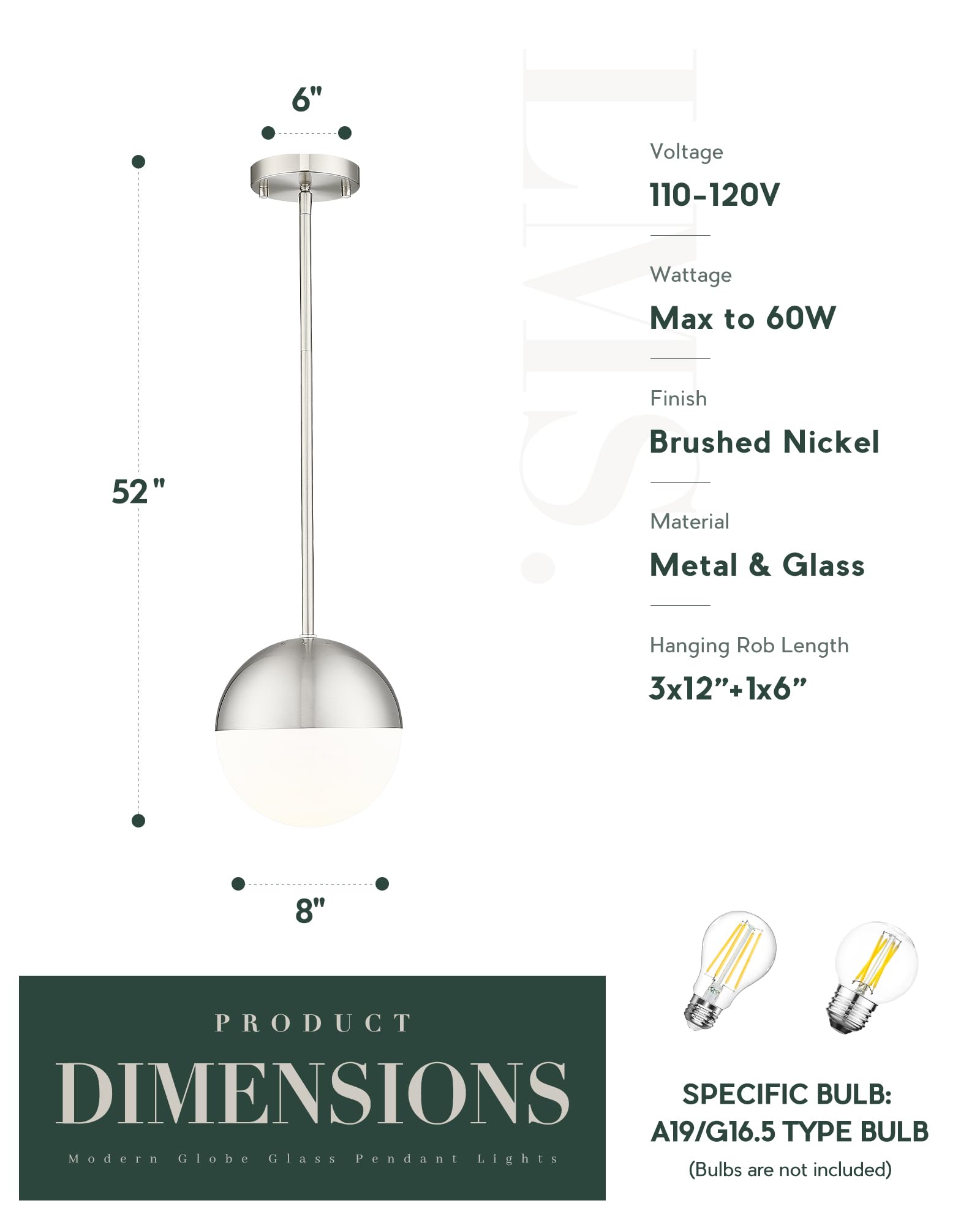 Lms 2 Pack Modern Pendant Lights, Mid Century Brushed Nickel Kitchen Lighting With White Globe Glass Shade, Adjustable Hanging L