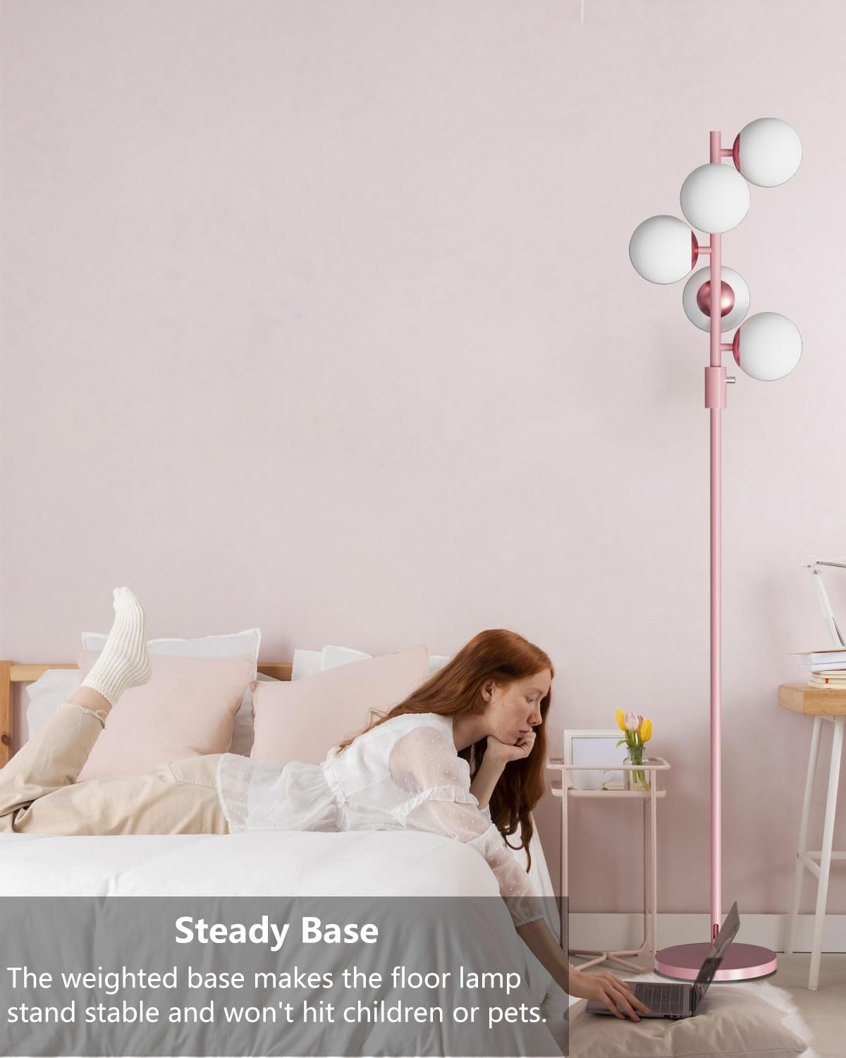 Acohook 64In Dimmable Pink Floor Lamp, Tall Standing Lamps With 5 Globe Soft Warm White Eye Care 3000K G9 Bulbs, Mid Century Mod