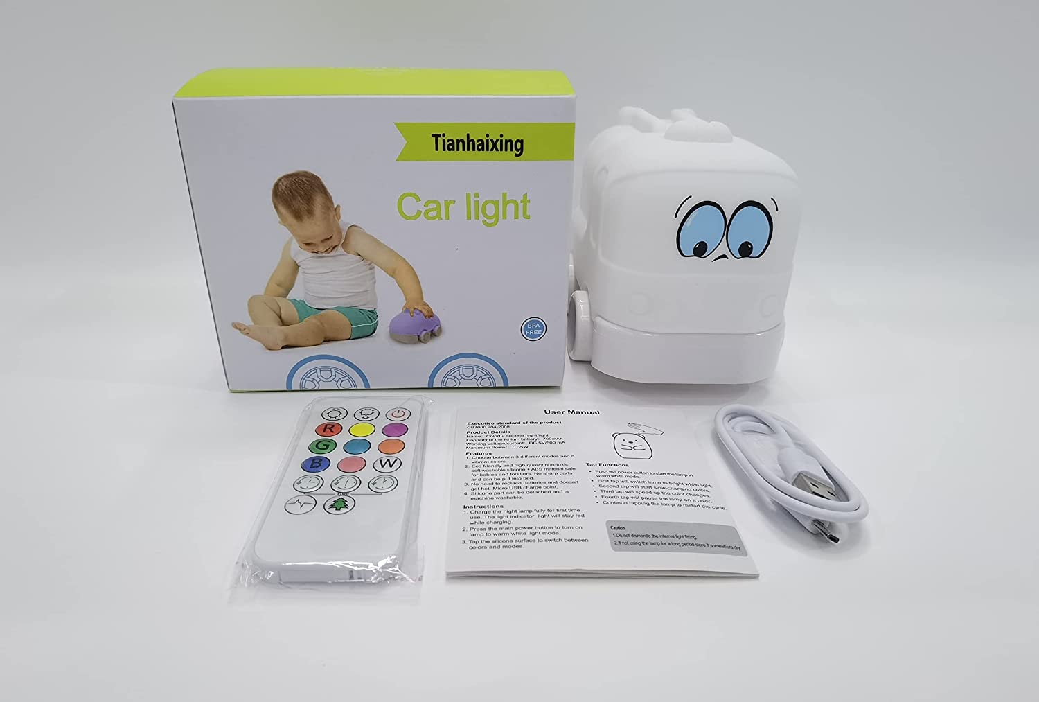 Tianhaixing Night Light Kids Led Bedside Lamp - Cute Car Design, Rgb Colors, Rechargeable, Touch & Remote Control, White, Model Thx883