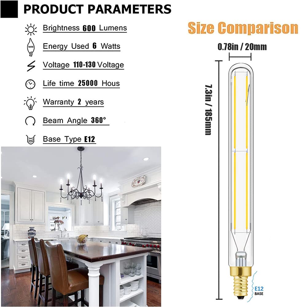 E12 Led Long Bulb, 6W T6 Edison Light Bulbs Cool White 5000K,7.3 Inch,750Lm, 75W Candelabra Incandescent Bulbs Equivalent Vintag