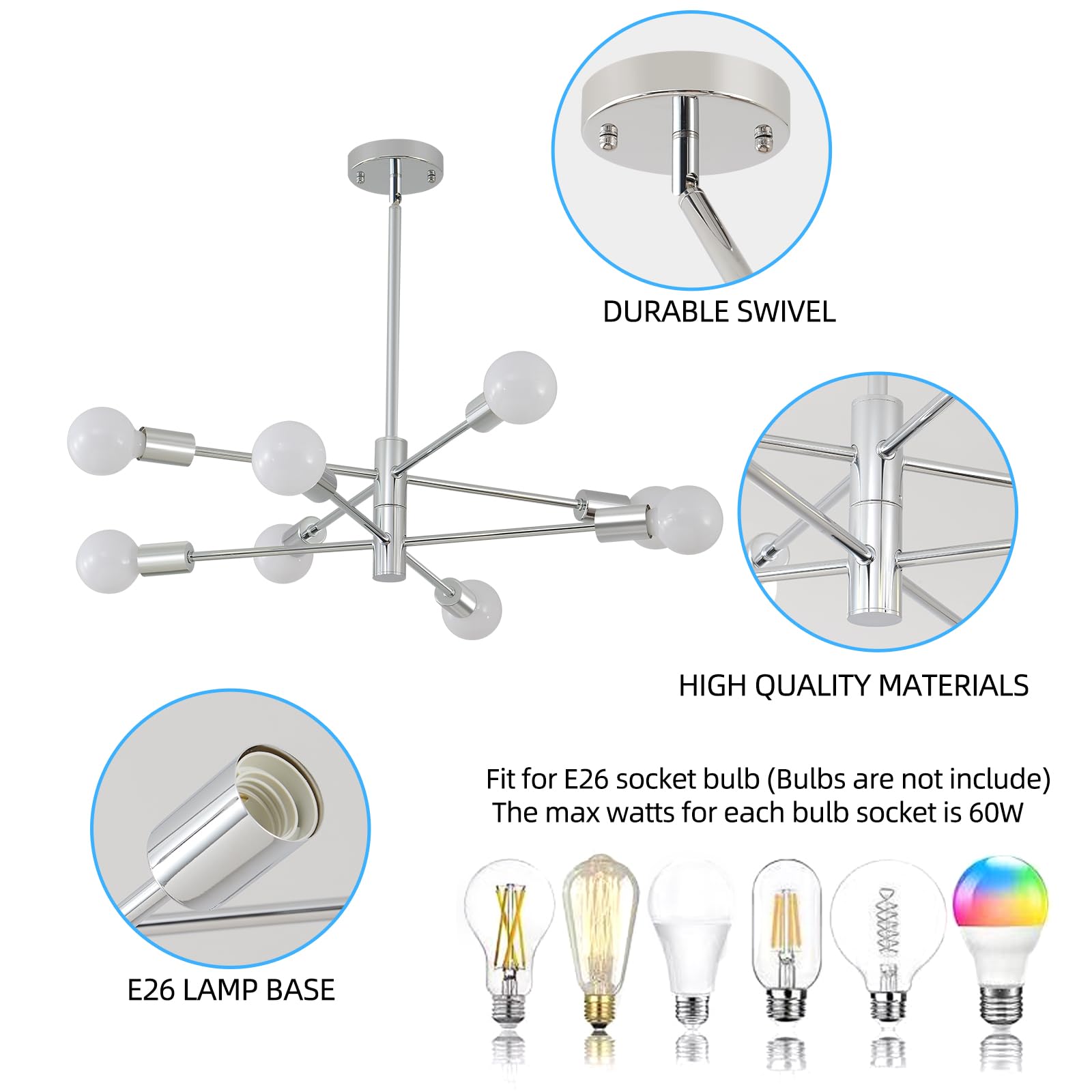 Hhr Modern Sputnik Chandelier, Industrial 8-Light Chrome Ceiling Light Fixture, Height Adjustable Lighting For Kitchen Island,Be