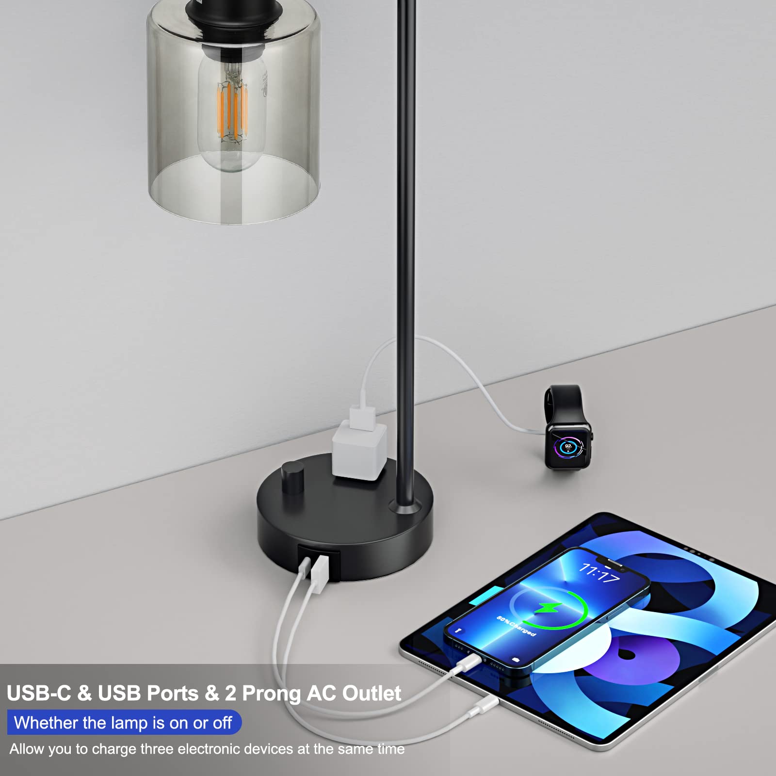 Industrial Bedside Desk Lamps For Bedroom - Grey Smoked Glass Shade Table Lamp With Usb C Port, Fully Dimmable Small Lamps With