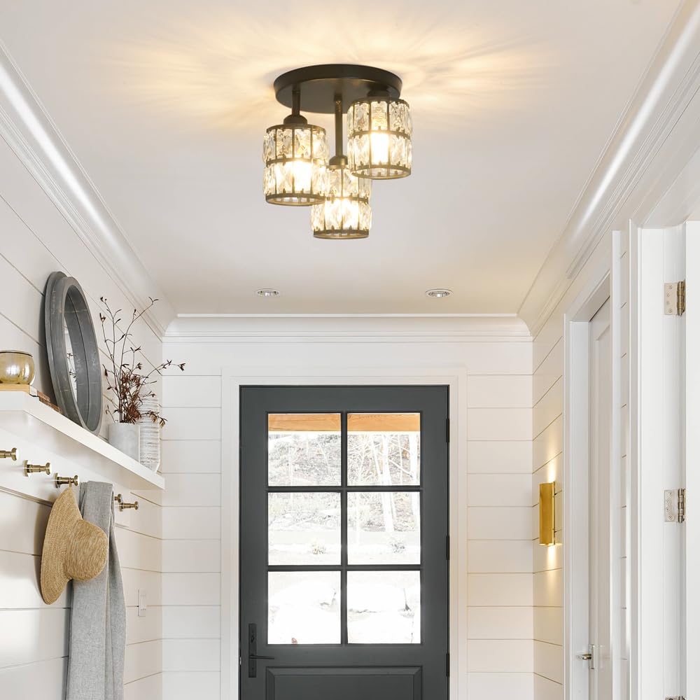 Modern Semi Flush Mount Ceiling Light, 3-Light Black Crystal Close To Ceiling Light Fixtures, Kitchen Light Fixtures With Clear