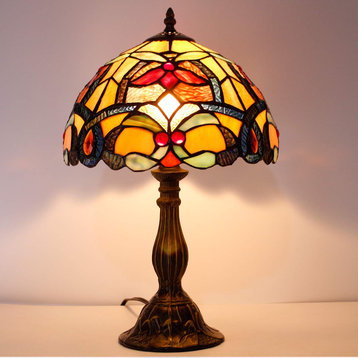 Werfactory Tiffany Table Lamp Orange Stained Glass Flower Liaison Style Reading Desk Bedside Light 12X12X18 Inches Decor Bedroom