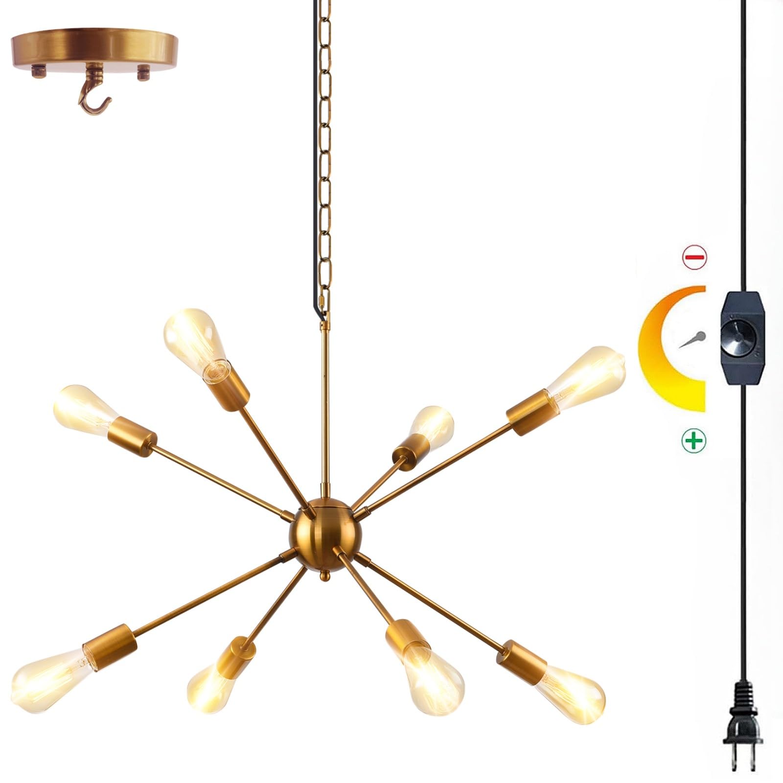Hoxiya 26.3&quot; Gold Dimmable Plug-In Chandelier, 8-Light Modern Sputnik Pendant Light