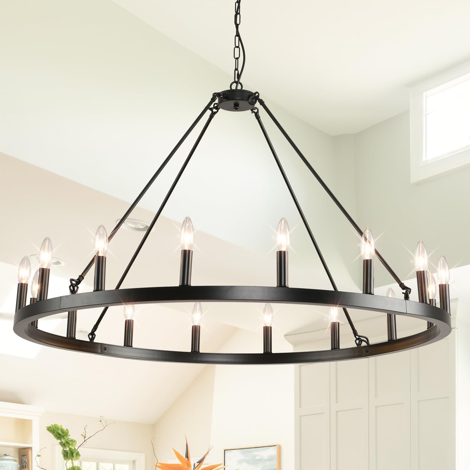Sdorens Black Wagon Wheel Chandelier Farmhouse: 16-Light 43 Inch Large Chandeliers for High Ceilings, Round Matte Black Chandeli