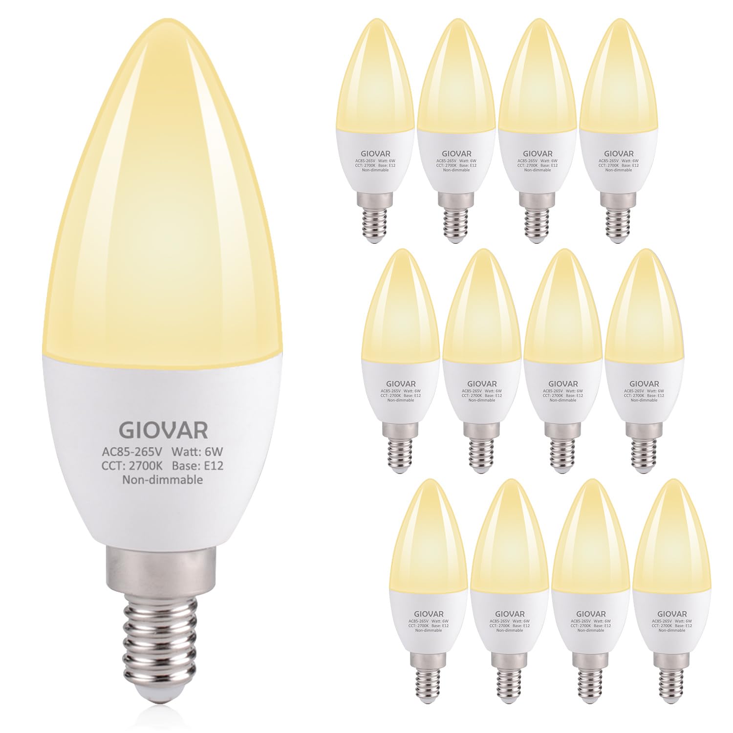 Giovar 12-Pack Candelabra Led Light Bulbs, 60 Watt Equivalent, Warm White 2700K, Light Bulbs For Chandelier/Wall Sconces Small B