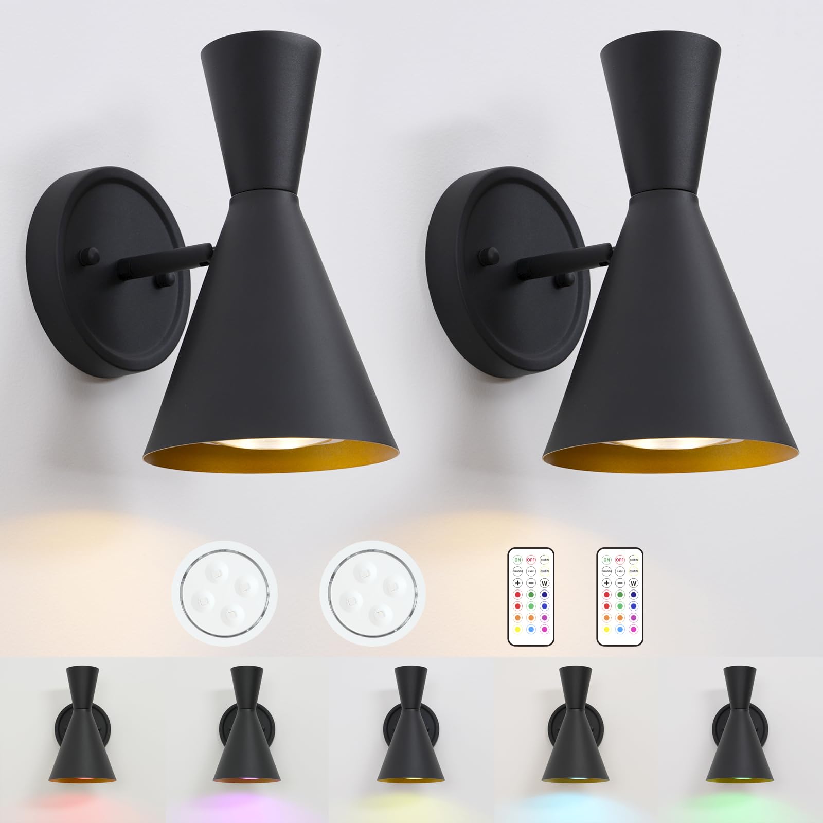 HEQIQEH Wall Sconces Set of 2, Battery Powered, RGB Remote Control, Metal Shade, Black, Model HQ-BWT27B2