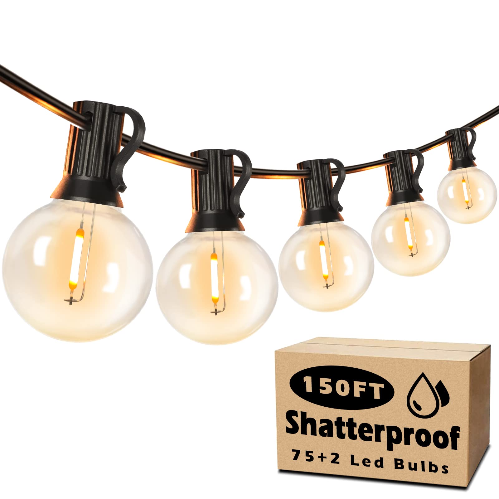 Brightever Outdoor String Light 150FT, Waterproof Dimmable Patio Lights with 75 G40 Globes, Shatterproof Connectable Outside Han