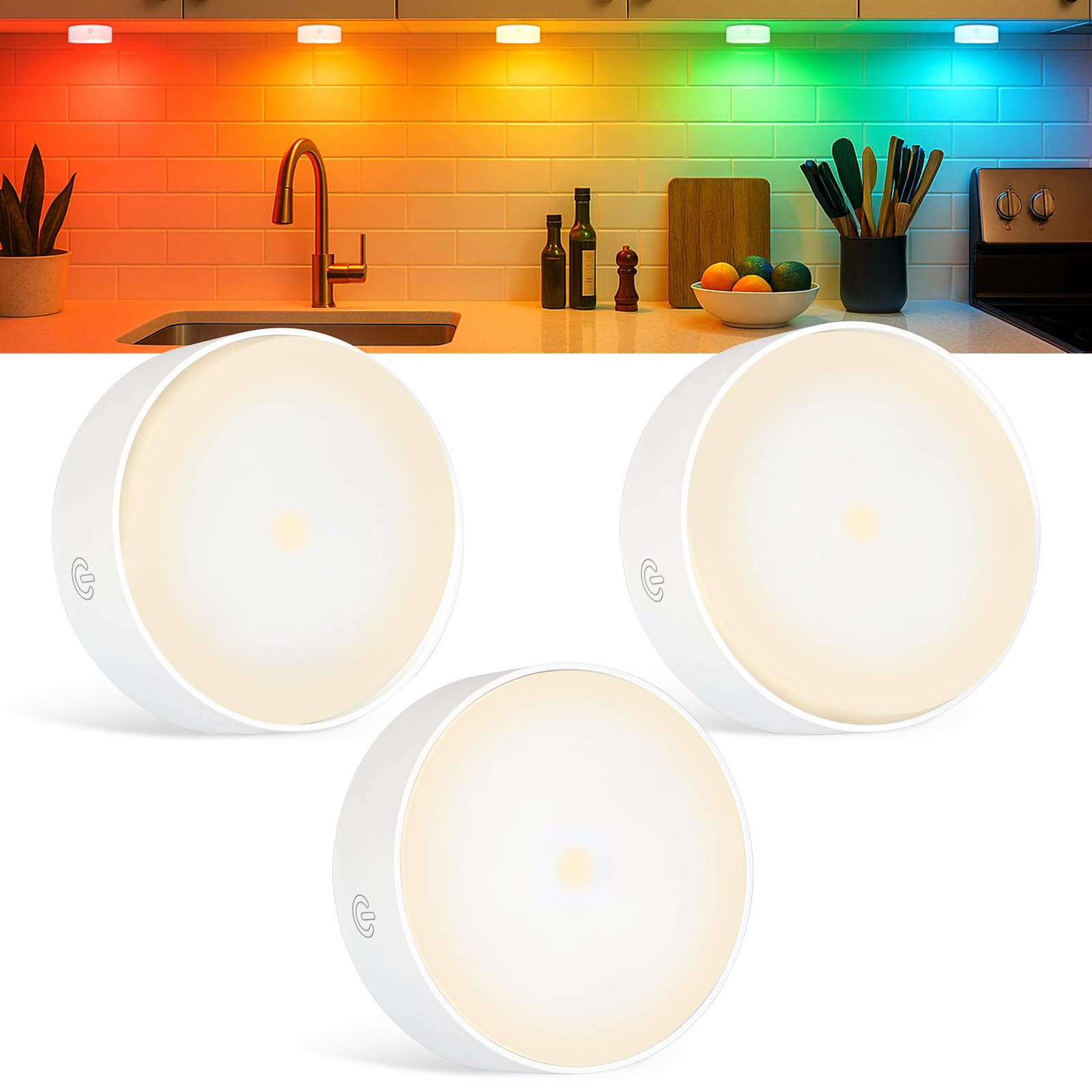 Yiliaw Rechargeable Puck Lights, Motion Sensor LED Under Cabinet Lighting, 19 Color Tap Lights, 3 Pack, White, Plastic