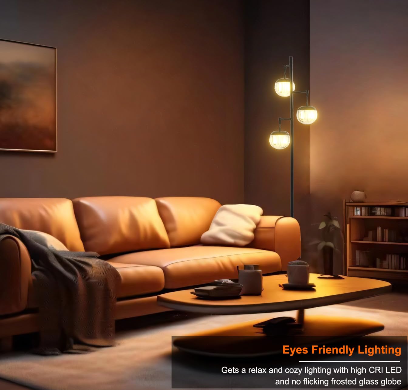 Fiqevs Mid Century Modern Floor Lamp - 3 Globe LED, 3 Ribbed Clear Shades, Black, Model FC-PGFL-3LGB, Ideal for Living Room & Office