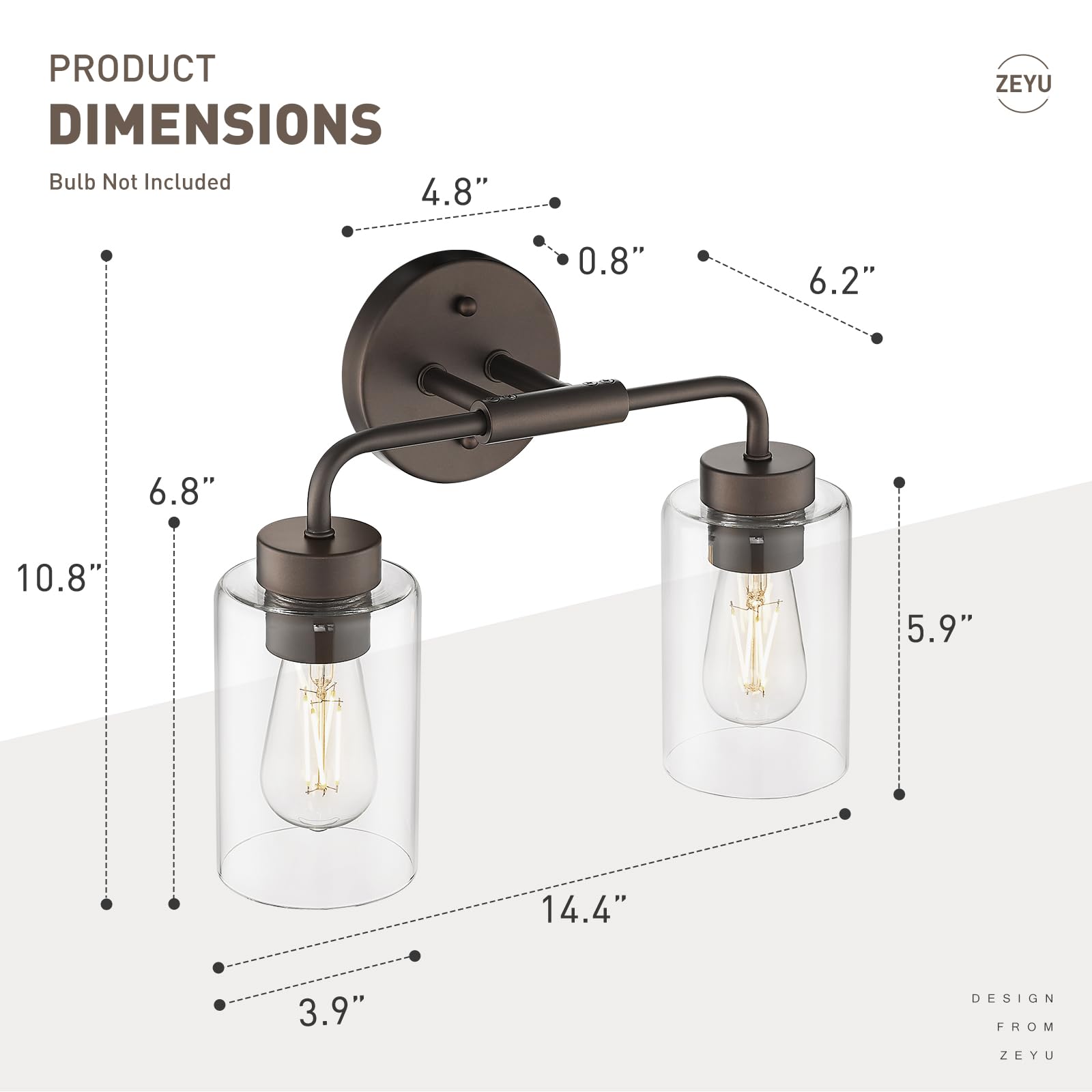 Zeyu 2 Light Bathroom Vanity Light  Farmhouse Wall Sconce Lighting For Bathroom  Clear Glass Shade  Oil Rubbed Bronze Finish  Zs62B-2W Orb