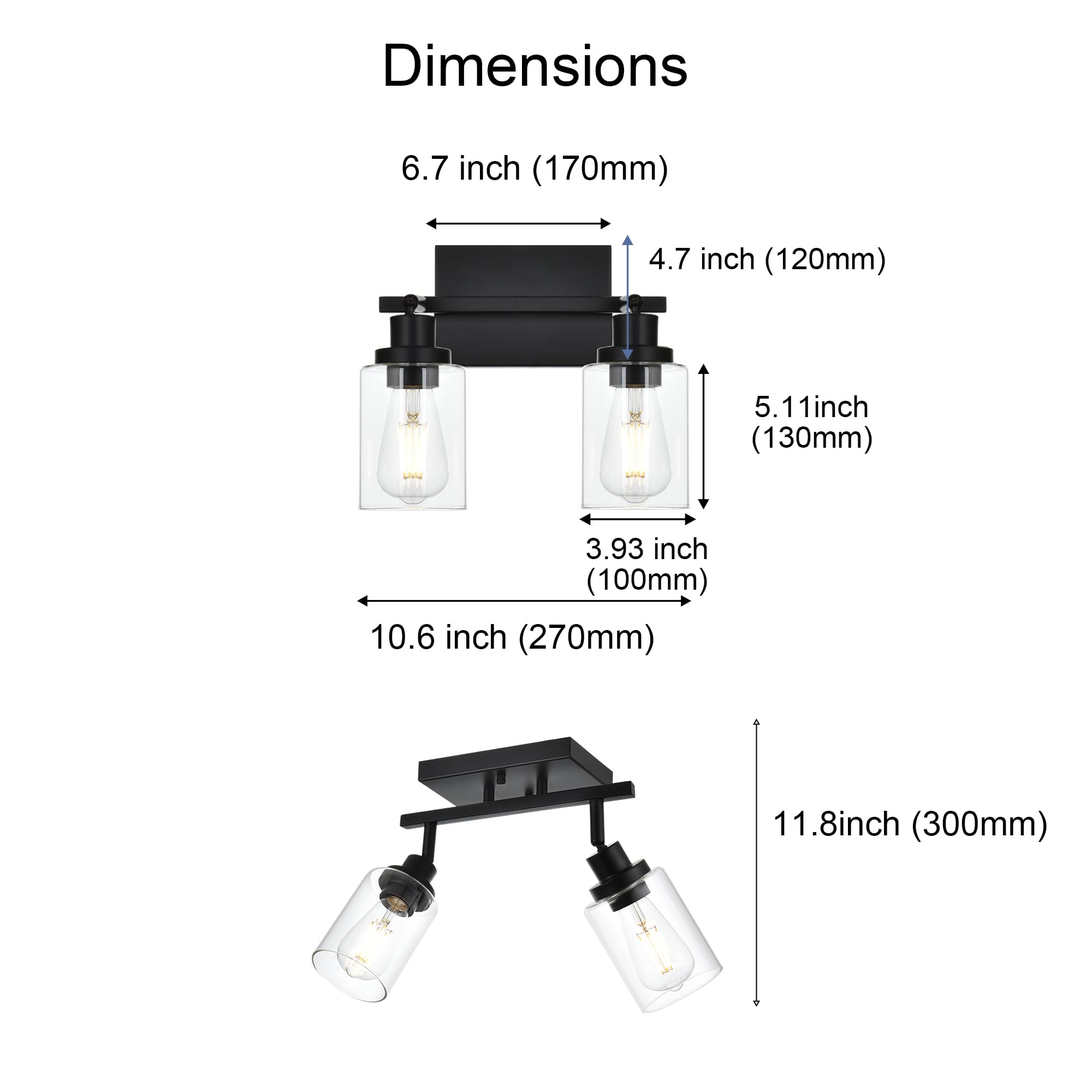 Wanluce 2-Light Track Lighting Kit Black Track Lighting Fixtures Bathroom Wall Sconces Ceiling Mount Kitchen Tracking Lights  Rotatable Spotlight With Clear Glass Shade For Kitchen Shop Hallway