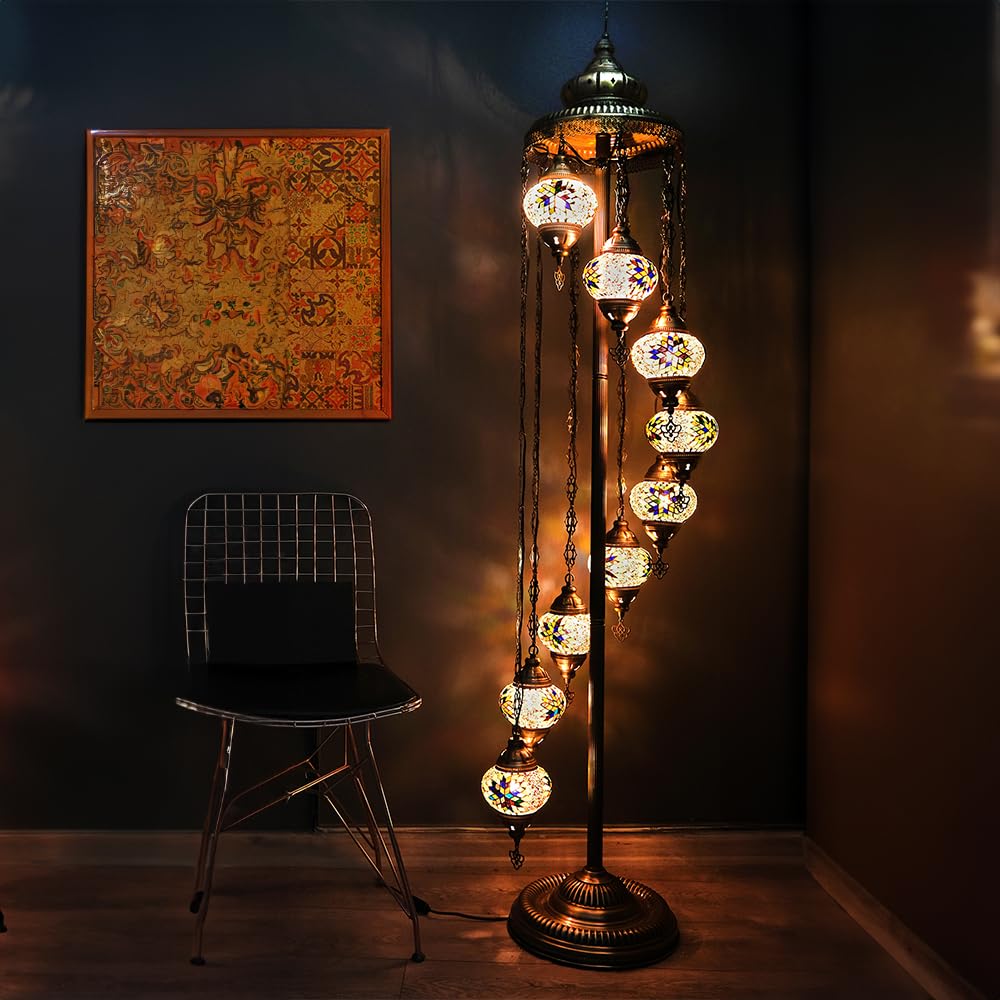 Asylove Turkish Lamp 9 Globe Mosaic Floor Lamp, Mosaic Standing Lamp 9 Globe Mosaic Moroccan Lamps Floor Lamp For Decorative Home Designs Offer 5 Inch Globe - Total Height 70 Inch (Yellow)