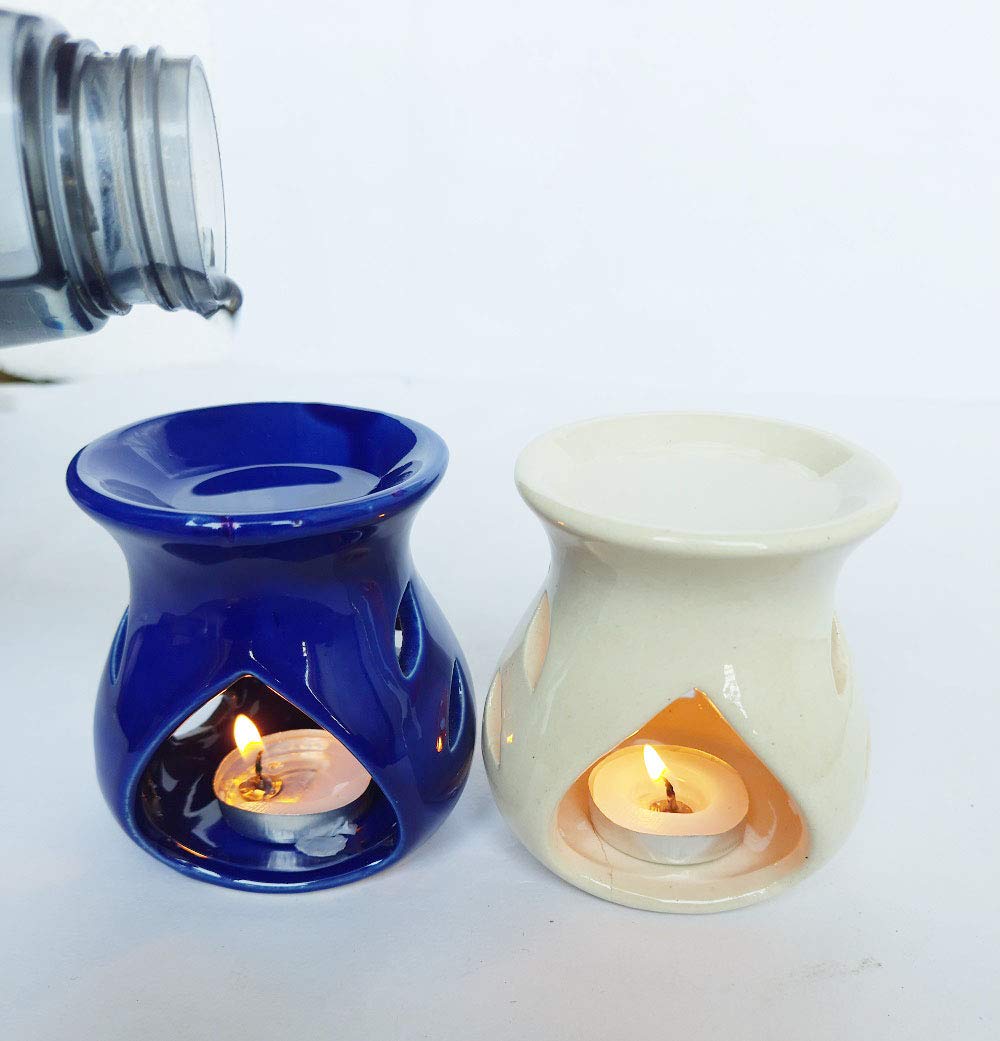 RTWARE Ceramic Clay Candle Operated Aroma Burner Oil Diffuser for Home Fragrance (Blue & White) -Set of 2