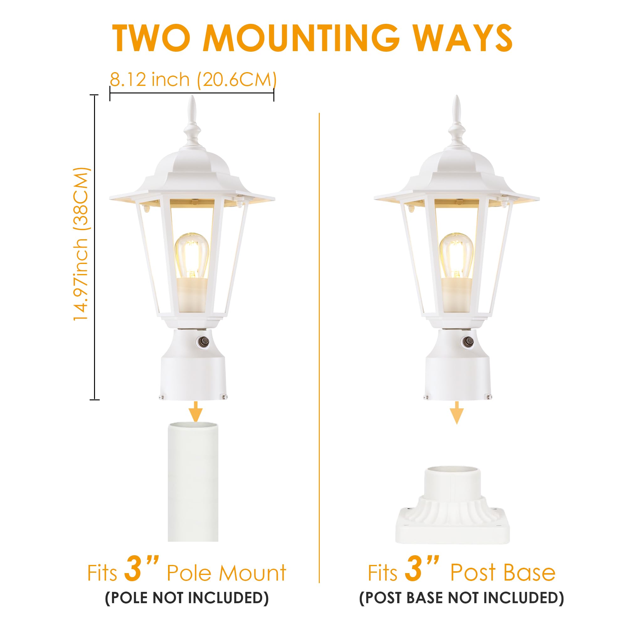GRUENLICH Outdoor Post Lights, Modern Aluminum Lamp Fixture, Dusk to Dawn, 15in Height, White, 2 Pack, Model GR-PL001D2D-WT-