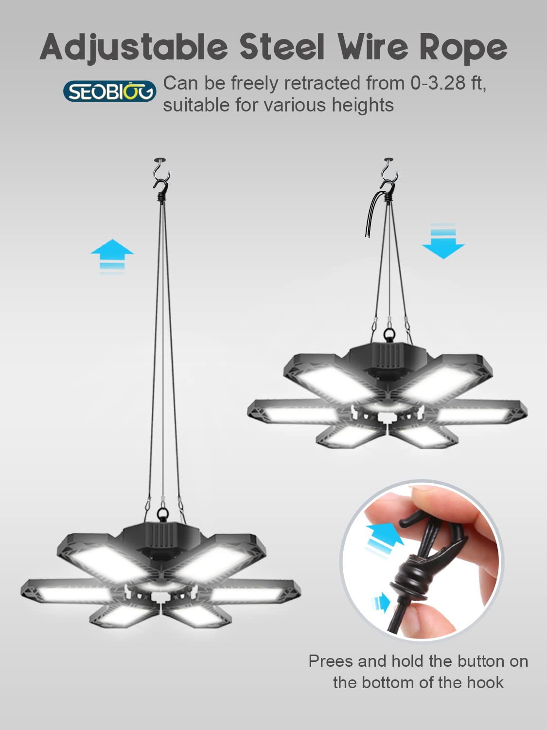 Seobiog 2 Pack Garage Light, 200W 20000Lm Led Ceiling Lights, 6500K, Deformable Panels, Black