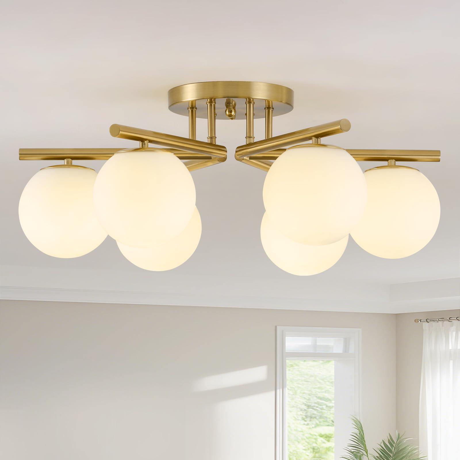 Bsyormak 6 Lights Sputnik Ceiling Light Fixture,Semi Flush Mount Ceiling Light Sputnik with Milk Glass Globe, Brushed Brass Chan