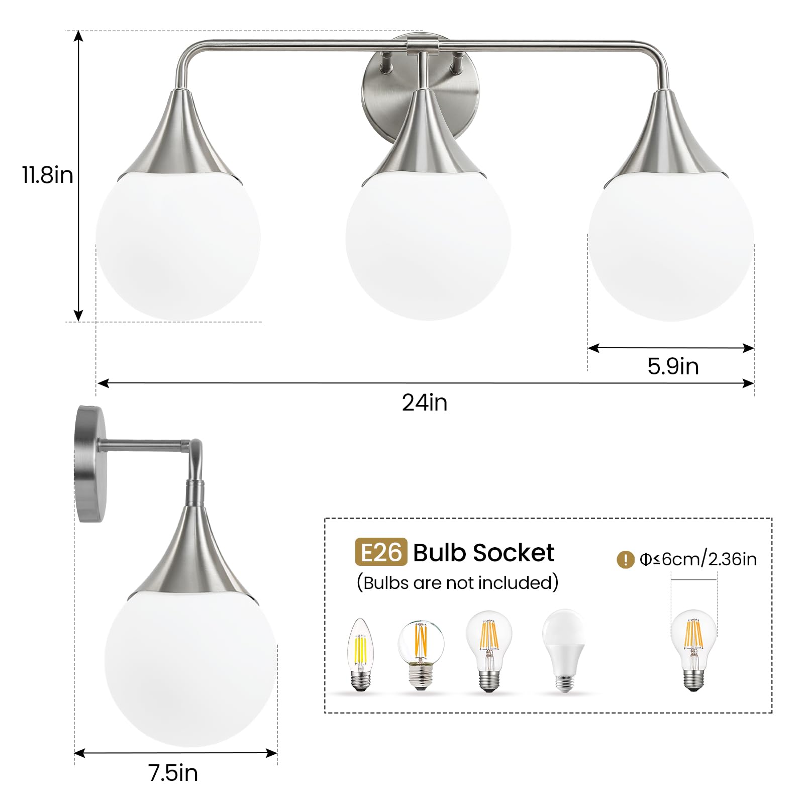 HAHZT 3-Light Bathroom Vanity Light Fixture - Brushed Nickel, Metal, Mid Century Modern Design with Milky White Globe Glass, Model 8089ML