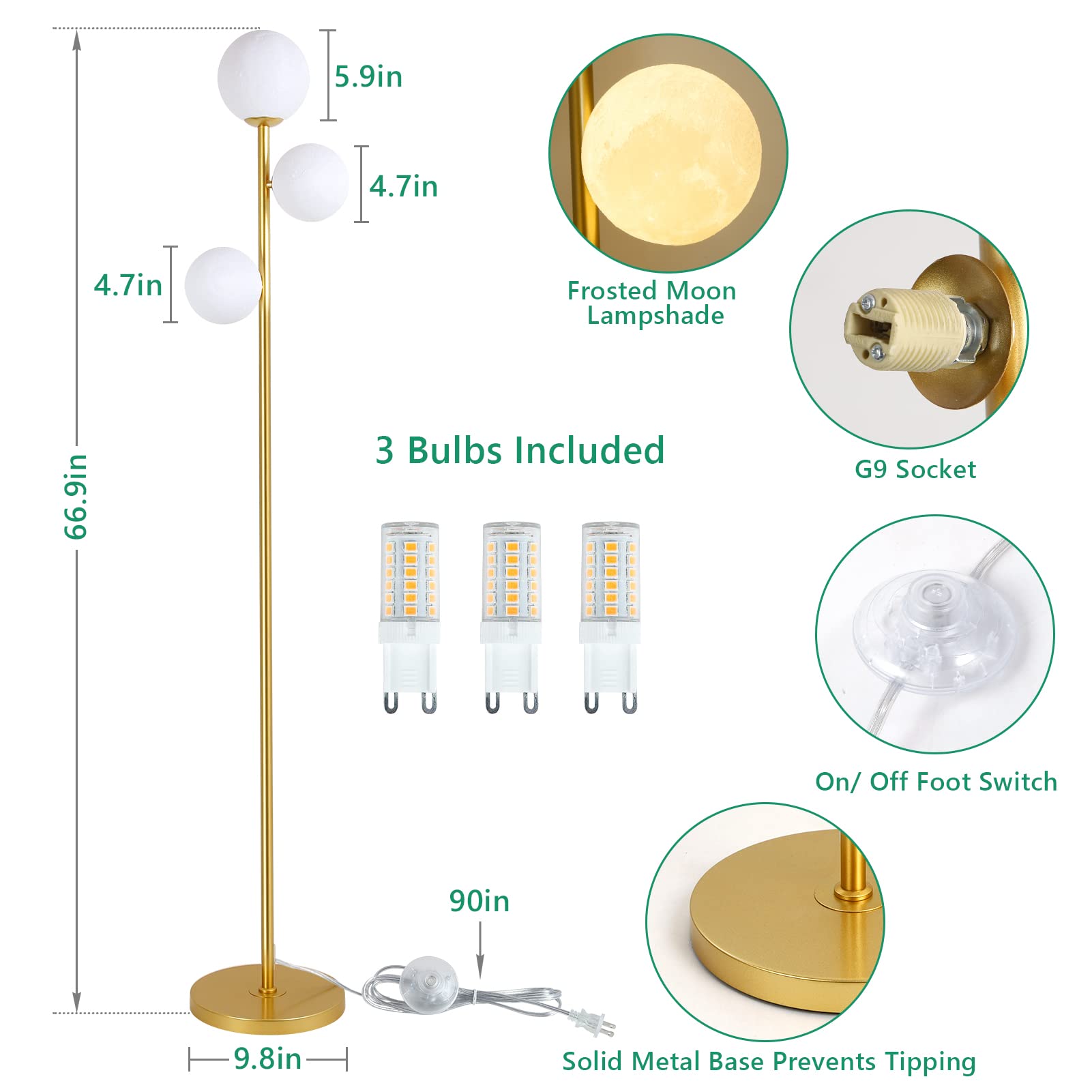 3 Globe Moon Floor Lamp For Living Room, Modern Gold Floor Lamp With 3D Printing Frosted Shade And Led Bulb, Mid Century Standin