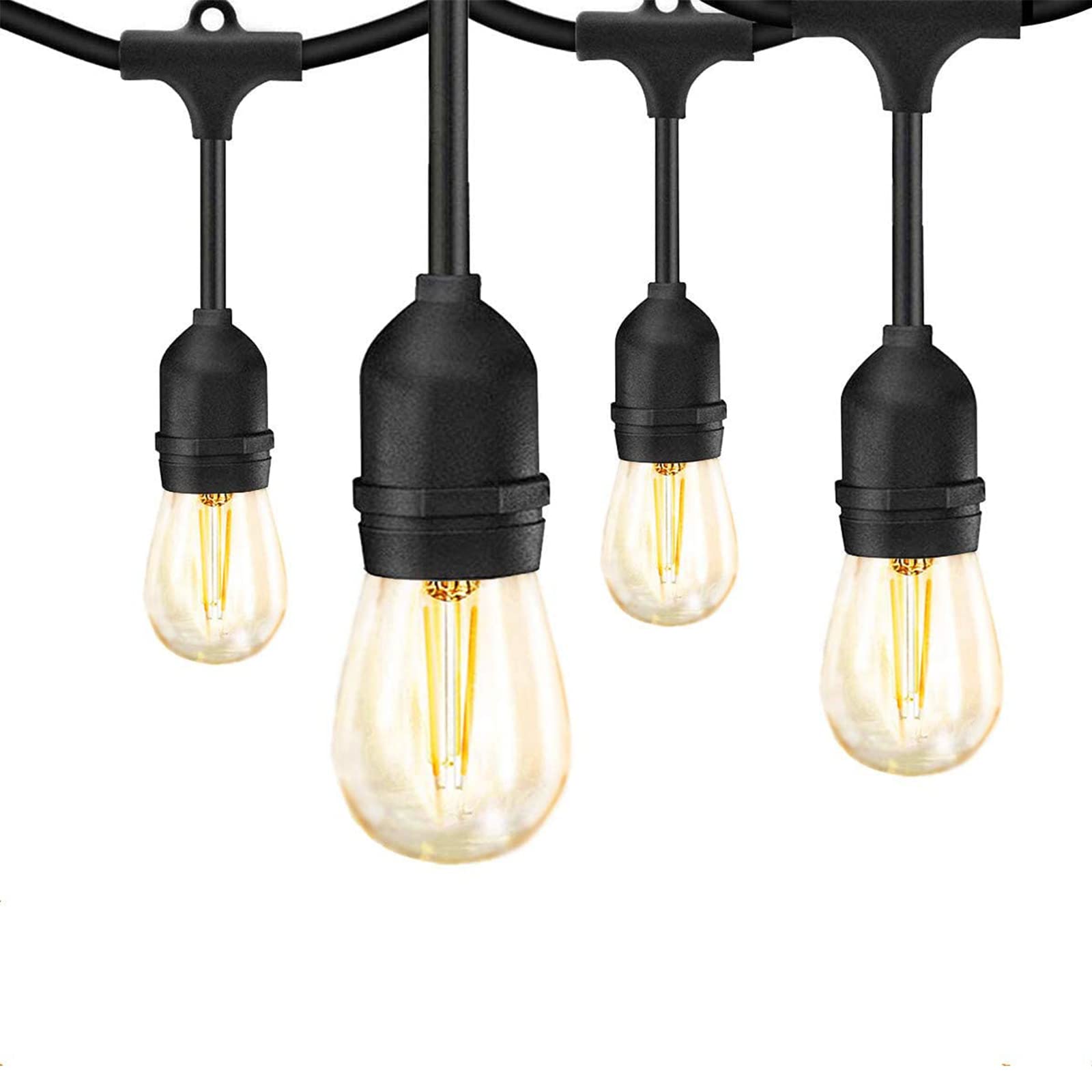Banord Outdoor String Lights, 48FT Waterproof LED Patio Lights, Warm White, Black Hanging Lights for Garden, Deck, Porch, Model BN-S14-48FT-1P-DT