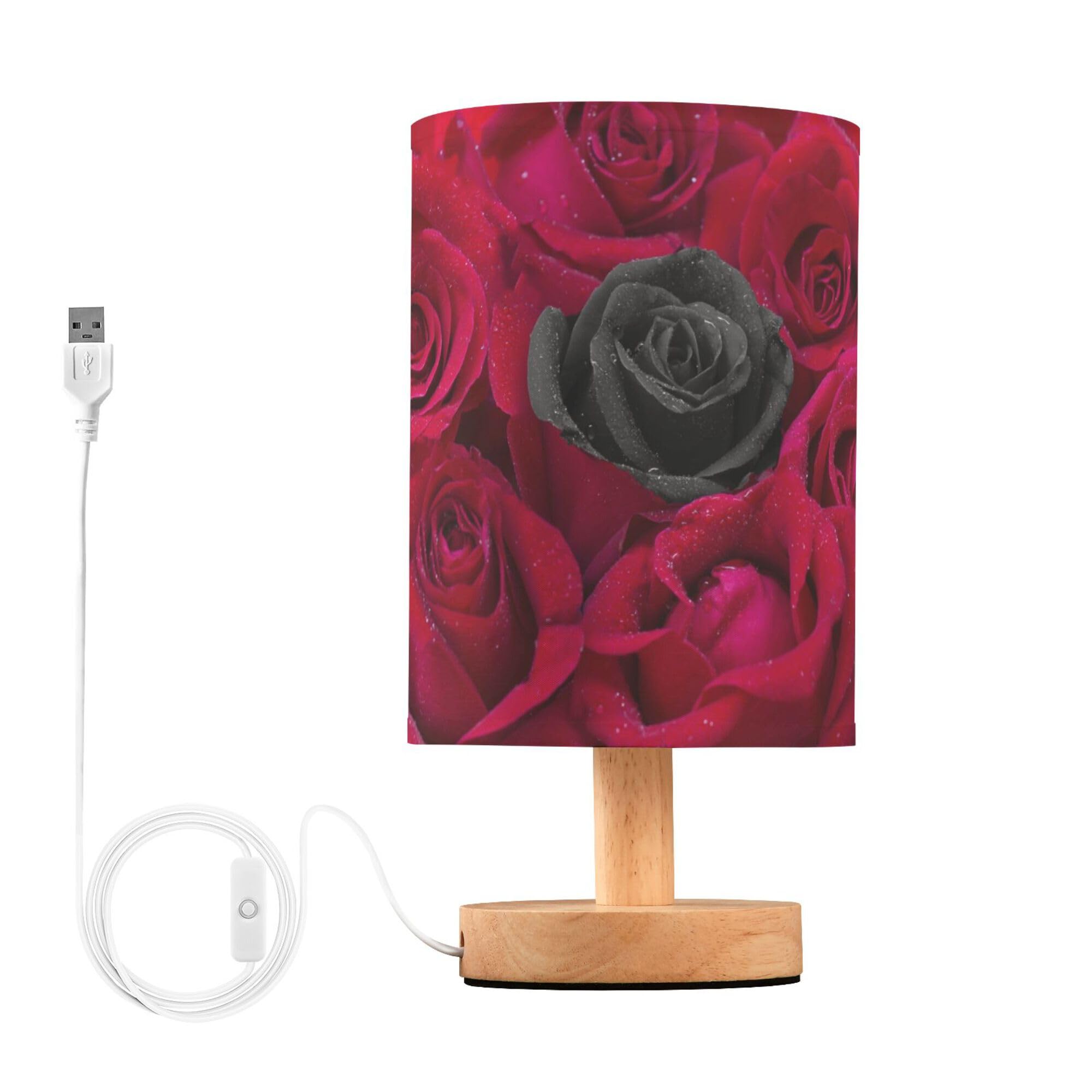 YYZZH Table Lamp Black Rose in Red Roses Flower with Water Drops Valentines Day Nightstand Lamp with Wood Base Fabric Lamp Shade
