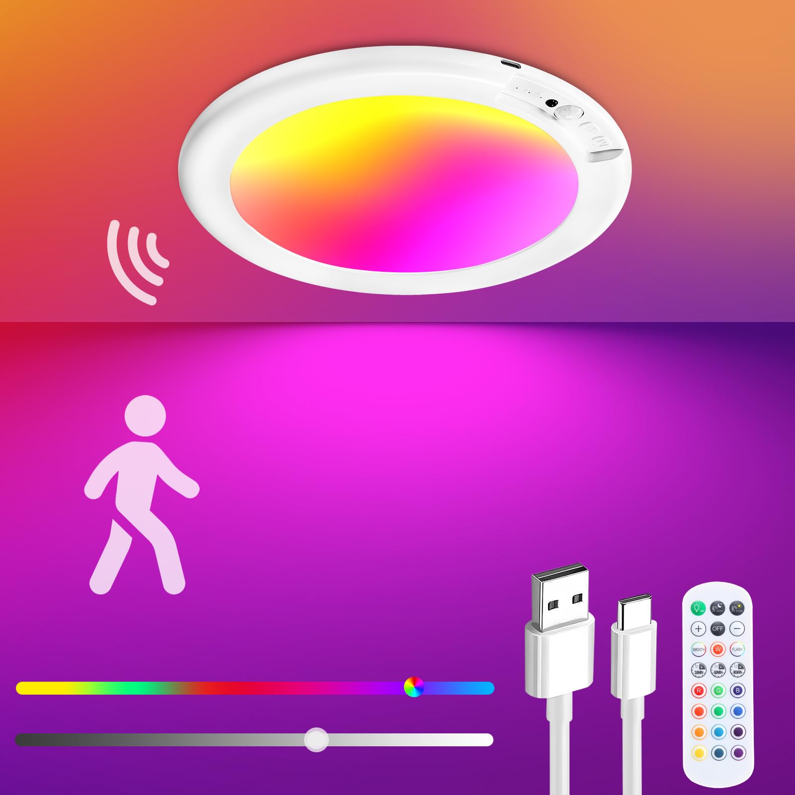 Gotopceed Rechargeable Ceiling Light - Rgb Color & White, Remote-Controlled, Battery-Powered, Model T070, Ideal For Shower & Bathroom