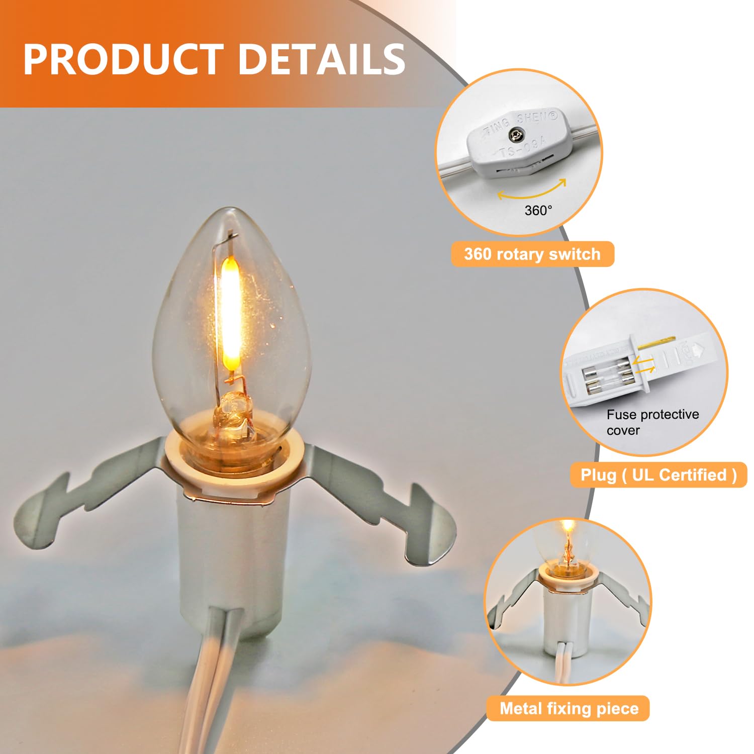 Yimilite 3 Base C7 String Bulbs Christmas Village Light Accessory Cord With 3 Led Light Bulb Universal Clip White Cord With On/Off Spare Fuse Switch Plugs For Decorations Christmas Village House