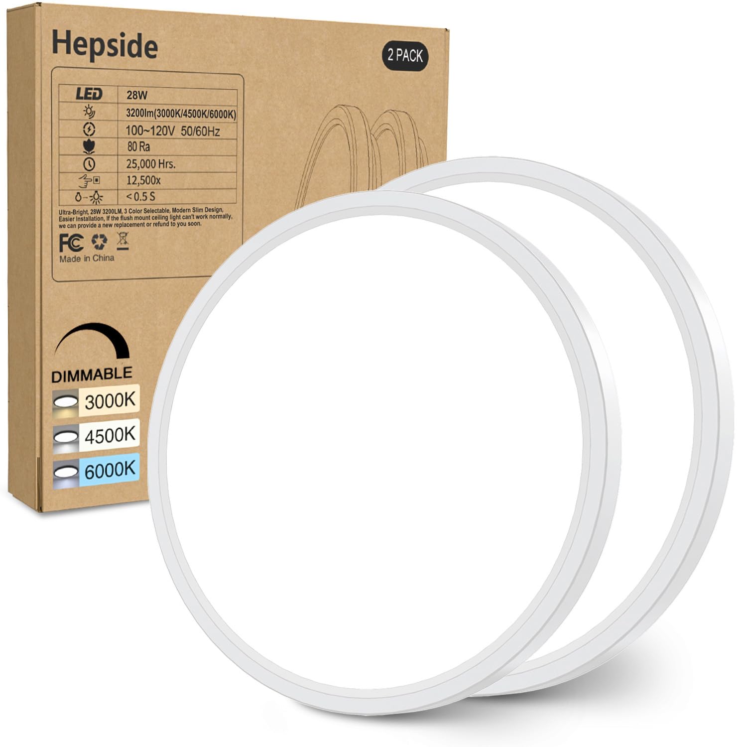 2PACK Flush Mount LED Ceiling Light Fixture White, 12Inch 28Watt, Dimmable & 3000K-4500K-6000K 3 Color Selectable Ceiling Lamp 3