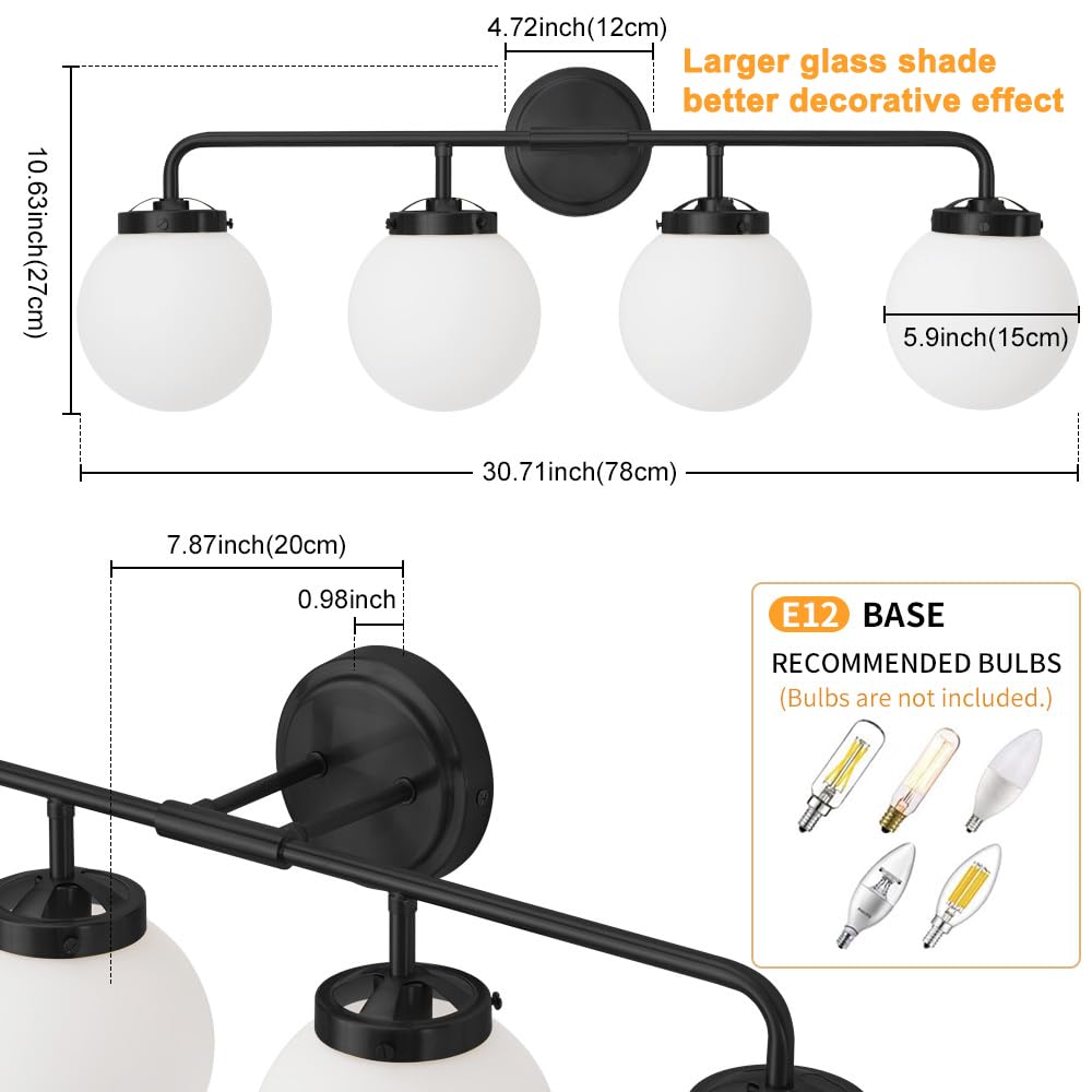 Deyidn Bathroom Light Fixtures Over Mirror, 4-Light Matte Black Vanity Lighting With Milk White Glass Globe Shades Modern Wall S