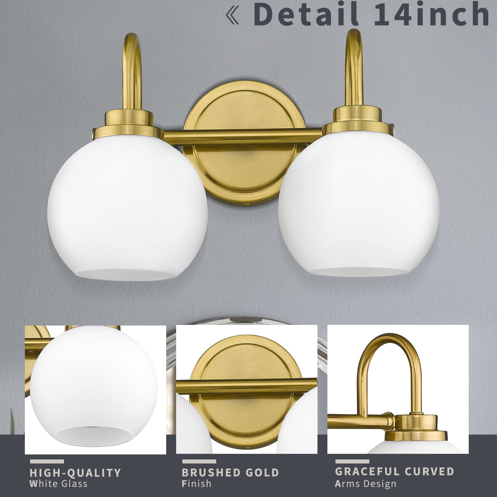 Akezon Gold Bathroom Vanity Light Fixtures, 2 Light Modern Over Mirror With White Milk White Globe Glass Shade