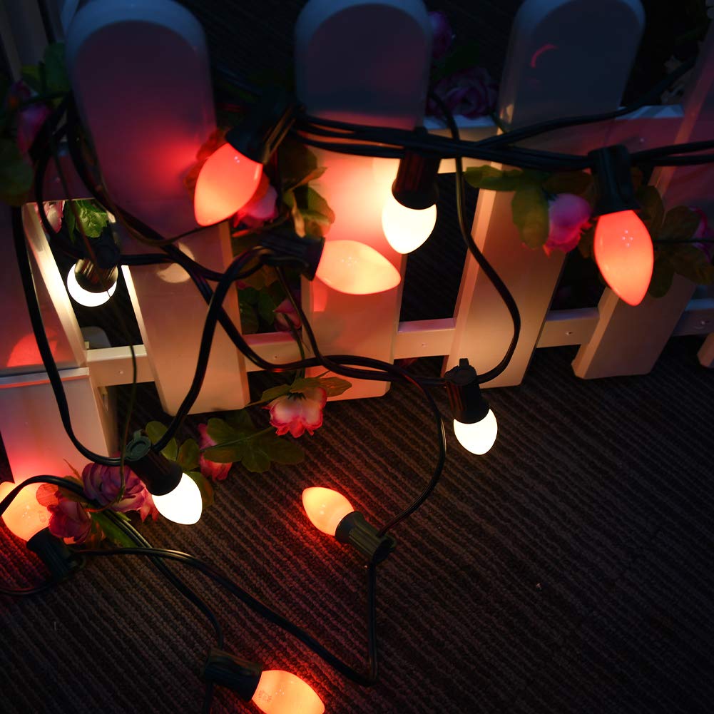 C7 Christmas Lights Outdoor, 25Ft C7 Red And White Vintage Lights With 27 Ceramic Incandescent Bulbs For Holiday Party, Roofline