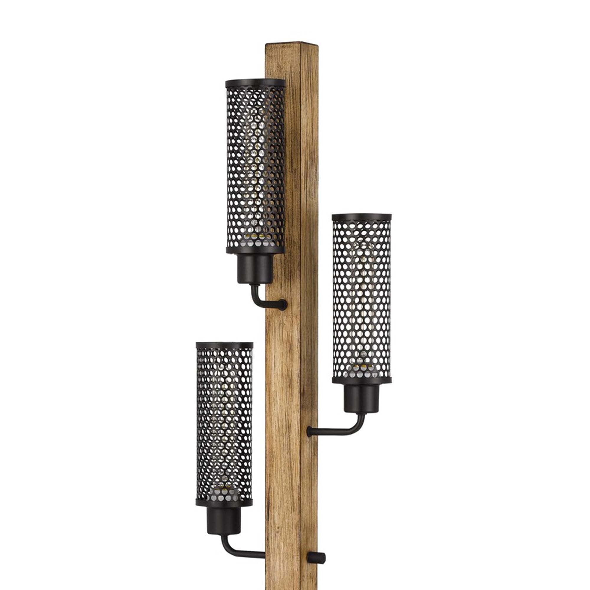 Benzara Wooden Floor Lamp with 3 Metal Mesh Shades, 61x11x23.54 inches, Brown and Black, Model BM241796