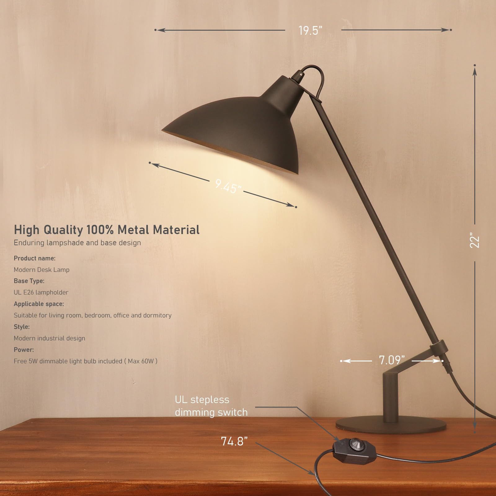 Psdsshiis Desk Lamp Modern Industrial 100% Metal Table Lamp 22'', Soft White Light (3000K) With Adjustable Switch, Ideal For Off