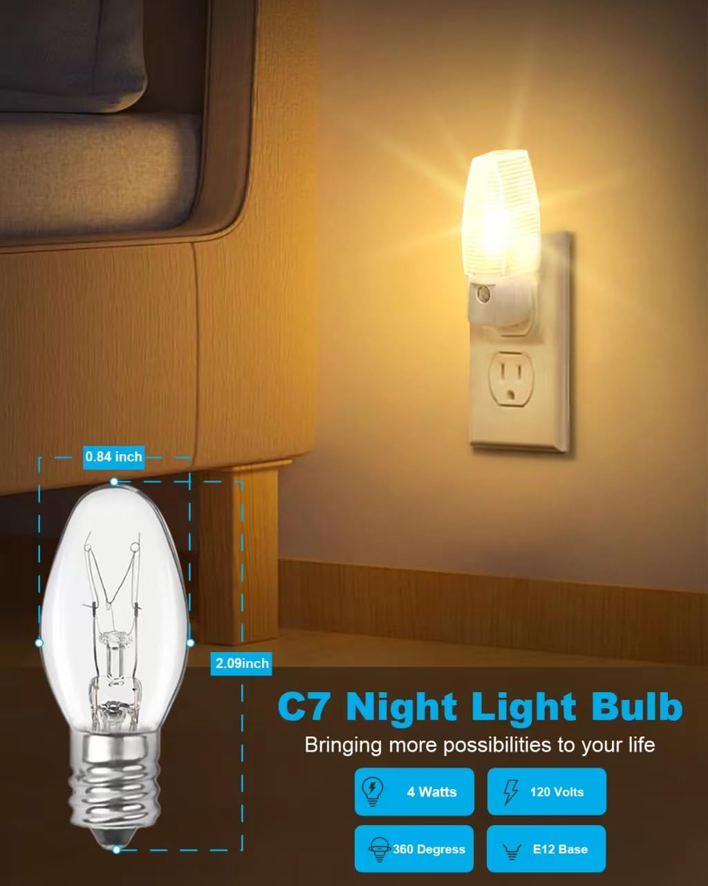 Ouukoo Night Light Bulbs - 4W Dimmable Warm White - E12 Base - Small Clear Glass, C7