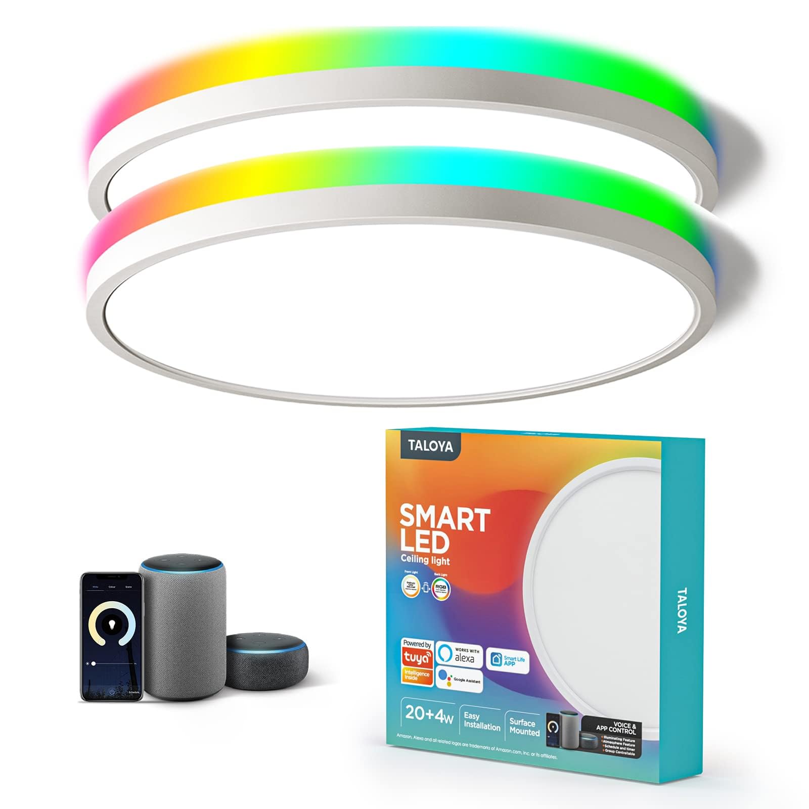 TALOYA Compatible with Alexa Flush Mount Ceiling Light, 12 inch RGB Ambient Light, Day Light 3000K~6500K Adjustable by App, equi
