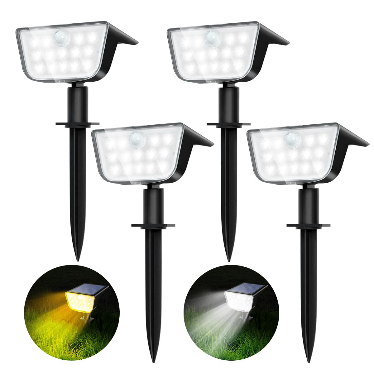 Roor Solar Spot Lights Outdoor Motion Sensor, Ip68 Waterproof Solar Landscape Spotlights, 6 Modes Warm White+Cool White Led Lights, For Pathway Garden Yard Wall Driveway (4 Pack)