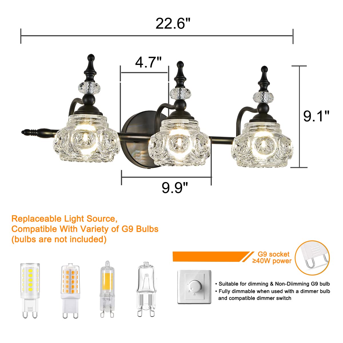 Zilanl 3-Light Vintage Bathroom Light Fixture, Black With Crystal Glass Shade